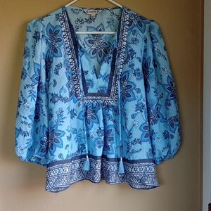 Nanette Lepore Blue Spring Floral Boho Top With Tassel Size M